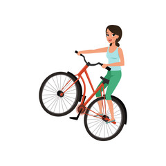 Smiling female bicyclist riding a bike, active lifestyle concept vector Illustrations on a white background