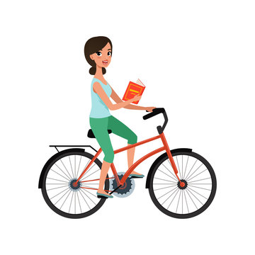 Young beautiful woman riding bicycle with book in her hand, active lifestyle concept vector Illustrations on a white background