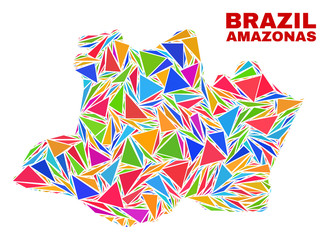 Mosaic Amazonas State map of triangles in bright colors isolated on a white background. Triangular collage in shape of Amazonas State map. Abstract design for patriotic purposes.