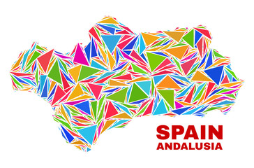 Mosaic Andalusia Province map of triangles in bright colors isolated on a white background. Triangular collage in shape of Andalusia Province map. Abstract design for patriotic illustrations.