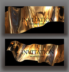Invitation cards with gold metallic curved elements. Vector illustration