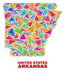 Fototapeta na wymiar Mosaic Arkansas State map of triangles in bright colors isolated on a white background. Triangular collage in shape of Arkansas State map. Abstract design for patriotic purposes.