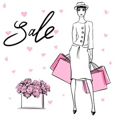 Beautiful woman in retro style whith shopping bags . vintage dress sixties years.