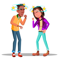 Dizzy People Vector. Teen Dizzy. Feeling Headache, Flu Illustration