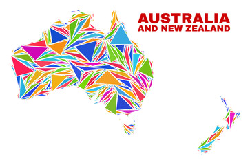 Mosaic Australia and New Zealand map of triangles in bright colors isolated on a white background. Triangular collage in shape of Australia and New Zealand map. Abstract design for patriotic purposes.