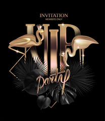 VIP party banner with golden flamingos and tropical leaves. Vector illustration