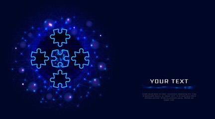 Puzzle elements design on abstract polygonal background with wireframe. Teamwork, cooperation, partnership business strategy solution concept. Banner, poster, promotion template.