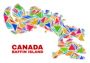 Obraz premium Mosaic Baffin Island map of triangles in bright colors isolated on a white background. Triangular collage in shape of Baffin Island map. Abstract design for patriotic purposes.