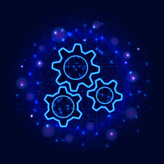 Gears design. Vector low poly wireframe three gear modern flat illustration on abstract blue polygonal background. Mechanical machine engineering technology icon. Business solution concept
