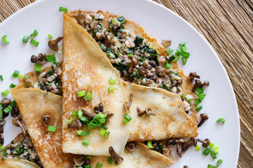 crepes envelopes with minced wild mushrooms, pork brisket, and fried onion decorated with green onion and honey agarics