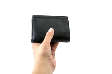 black wallet in hand on white background