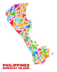 Mosaic Boracay Island map of triangles in bright colors isolated on a white background. Triangular collage in shape of Boracay Island map. Abstract design for patriotic purposes.