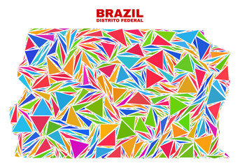 Mosaic Brazil Distrito Federal map of triangles in bright colors isolated on a white background. Triangular collage in shape of Brazil Distrito Federal map. Abstract design for patriotic purposes.