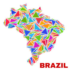 Mosaic Brazil map of triangles in bright colors isolated on a white background. Triangular collage in shape of Brazil map. Abstract design for patriotic purposes.