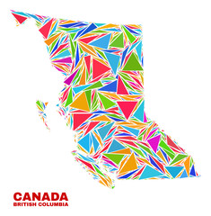 Mosaic British Columbia map of triangles in bright colors isolated on a white background. Triangular collage in shape of British Columbia map. Abstract design for patriotic purposes.