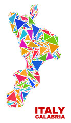 Obraz premium Mosaic Calabria region map of triangles in bright colors isolated on a white background. Triangular collage in shape of Calabria region map. Abstract design for patriotic illustrations.