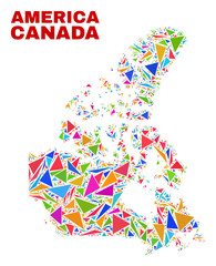 Mosaic Canada v2 map of triangles in bright colors isolated on a white background. Triangular collage in shape of Canada v2 map. Abstract design for patriotic decoration.