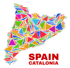 Mosaic Catalonia map of triangles in bright colors isolated on a white background. Triangular collage in shape of Catalonia map. Abstract design for patriotic purposes.