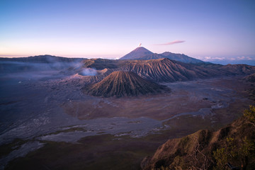 Bromo volcano in the morning, viewed from scenic view point is a popular sightseeing destination in Bromo Tengger Semeru National Park, East java, Indonesia.