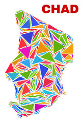 Mosaic Chad map of triangles in bright colors isolated on a white background. Triangular collage in shape of Chad map. Abstract design for patriotic purposes.