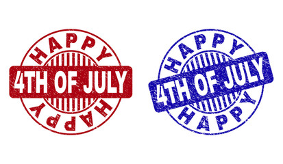 Grunge HAPPY 4TH OF JULY round stamp seals isolated on a white background. Round seals with grunge texture in red and blue colors.
