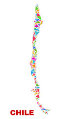 Mosaic Chile map of triangles in bright colors isolated on a white background. Triangular collage in shape of Chile map. Abstract design for patriotic purposes.