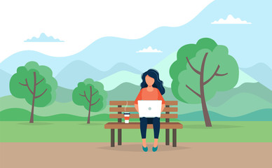 Woman with laptop sitting on the bench in the park. Concept illustration for freelance, working, studying, education, work from home, healthy lifestyle. Vector illustration in flat style