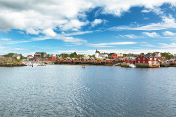 Fototapeta premium Panoramic ocean view of the fisherman village of Reine. Red wooden houses, rorbuer. Hamnoy, Lofoten islands, Norway.