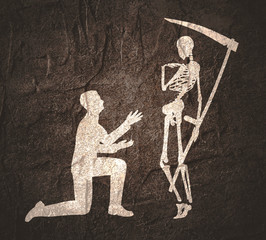 Fototapeta na wymiar Silhouette of man in prayer pose. Man asking skeleton to forgive him. Grim reaper