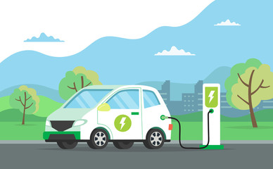 Fototapeta na wymiar Electric car charging its battery with natural landscape, concept illustration for green environment, ecology, sustainability, clean air, future. Vector illustration in flat style. 