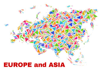 Mosaic Europe and Asia map of triangles in bright colors isolated on a white background. Triangular collage in shape of Europe and Asia map. Abstract design for patriotic illustrations.