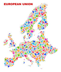 Mosaic European Union map of triangles in bright colors isolated on a white background. Triangular collage in shape of European Union map. Abstract design for patriotic illustrations.