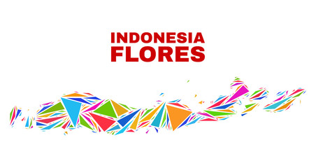 Mosaic Flores Islands of Indonesia map of triangles in bright colors isolated on a white background. Triangular collage in shape of Flores Islands of Indonesia map.
