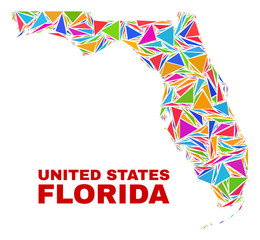 Mosaic Florida State map of triangles in bright colors isolated on a white background. Triangular collage in shape of Florida State map. Abstract design for patriotic purposes.