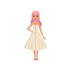 Fototapeta premium Beautiful fashion young woman with long pink dyed hair, stylish girl in white dress vector Illustration on a white background