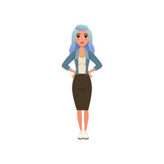 Beautiful young woman with long blue dyed hair, stylish girl in fashion clothes vector Illustration on a white background