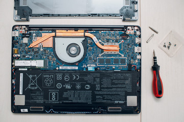 Disassembly and repair laptop. Service, replacement cooling system, fan cooler and thermal paste.