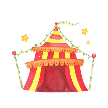 Watercolor red yellow circus tent isolated on white background