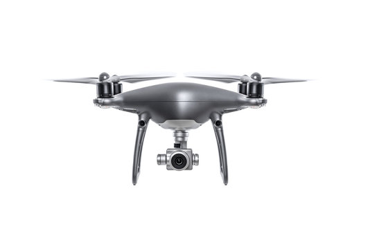 Flying dark drone isolated on a white background.
