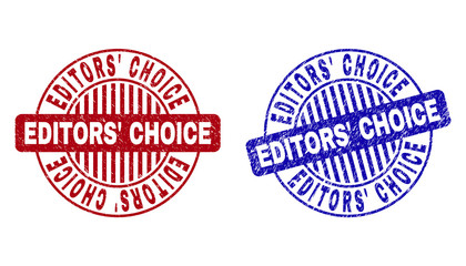 Grunge EDITORS  CHOICE round stamp seals isolated on a white background. Round seals with grunge texture in red and blue colors.
