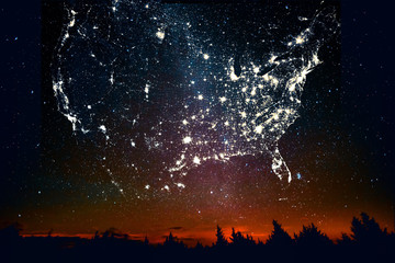 Forest sunset landscape with projection of USA map in the form of stars of the constellations of...