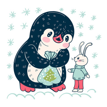 Winter illustration with funny cartoon penguin and Bunny