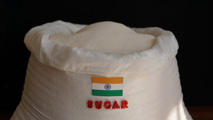 Sugar bag with India flag. Indian Sugar Manufacturers and Market. The production, processing and...