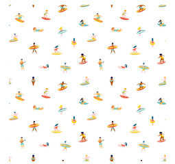Surfing men women surf boards catching waves sea ocean.