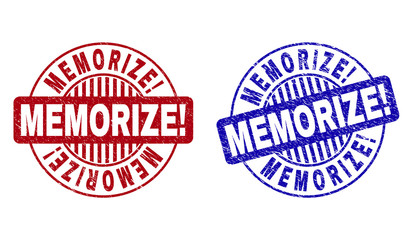Grunge MEMORIZE Exclamation round stamp seals isolated on a white background. Round seals with distress texture in red and blue colors. Vector rubber overlay of MEMORIZE Exclamation caption inside
