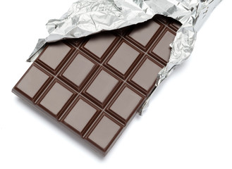 dark chocolate bar isolated white background with clipping path
