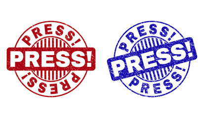 Grunge PRESS Exclamation round stamp seals isolated on a white background. Round seals with grunge texture in red and blue colors. Vector rubber imitation of PRESS Exclamation title inside circle form