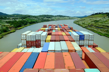 Container ship transiting through Panama Canal.