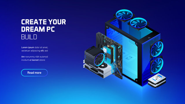 Gaming, workstation and mining computer isometric illustration, custom assembly computer components for workstation, pc store and service