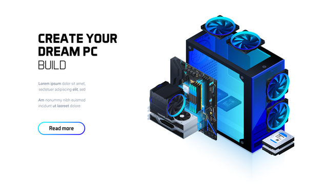 Gaming, workstation and mining computer isometric illustration, custom assembly computer components for workstation, pc store and service